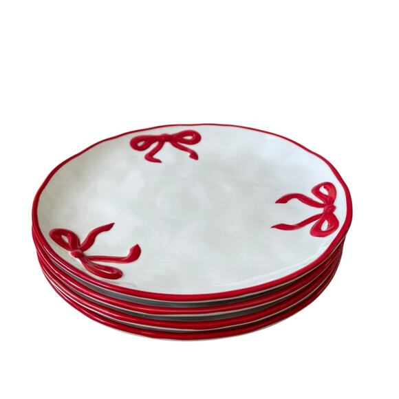 Hand Painted Coquette Red Bow Dinner Plates 10.25in White Ceramic Set of 4 NEW - Picture 5 of 13